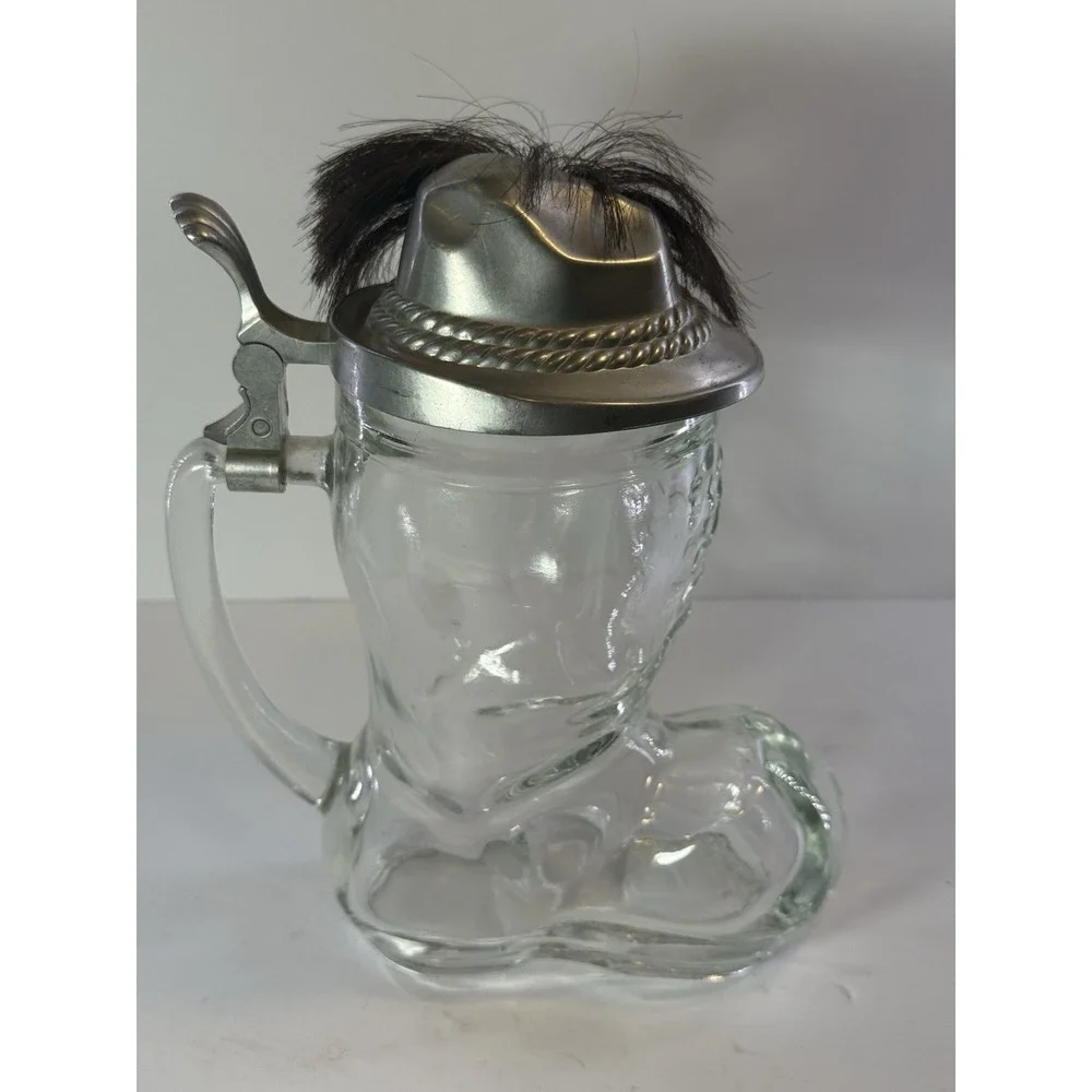Vintage BMF German Glass Beer Boot Stein Pewter Alpine Hat Lid Hair Plume 8.5
